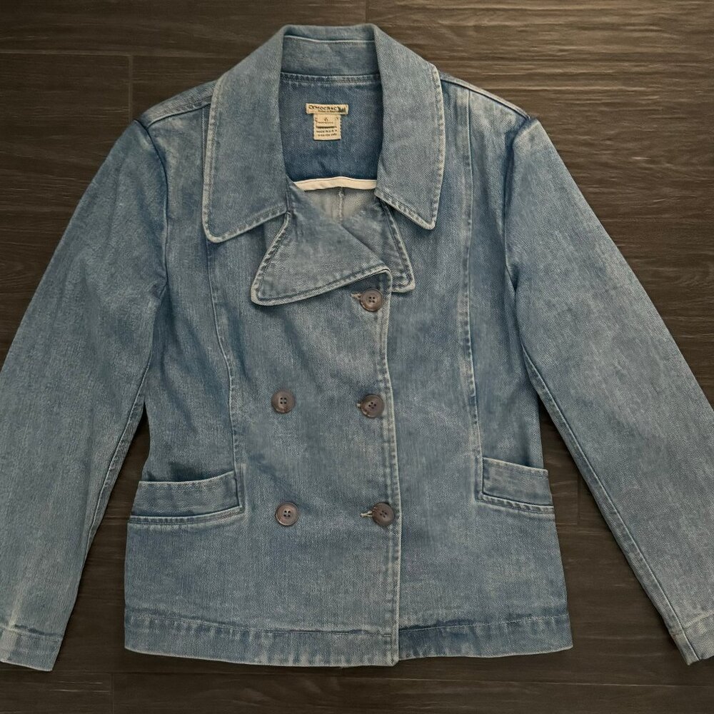 DEMOCRACY WOMENS BLUE DENIM JACKET DOUBLE BREASTED RETRO MEDIUM WASH SZ 6